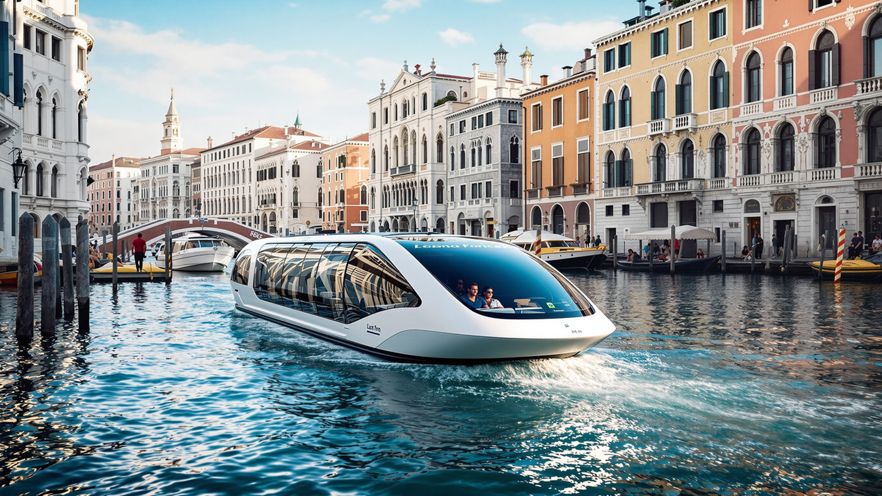 Editorial illustration of a modern eco-friendly vaporetto on the Grand Canal, evoking a blend of tradition and innovation.