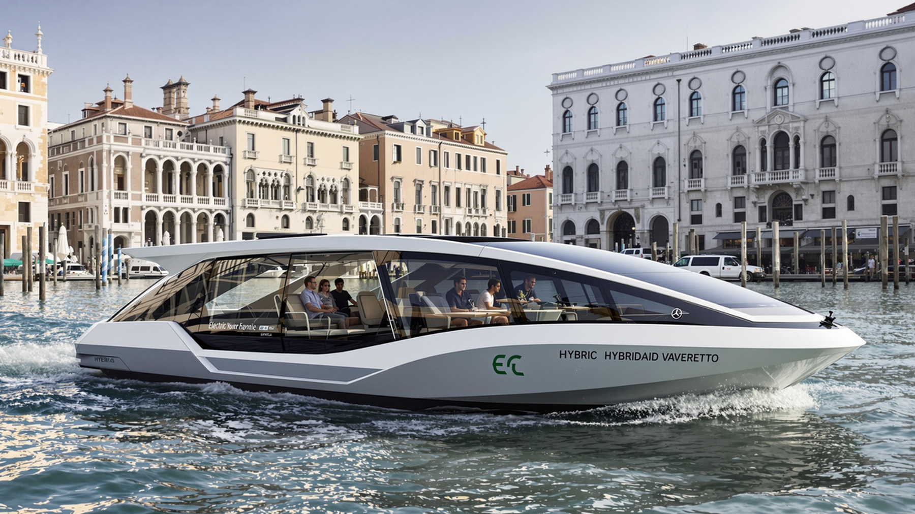 Editorial illustration of a hybrid vaporetto in Venice's canal, evoking modern eco-friendly transport.